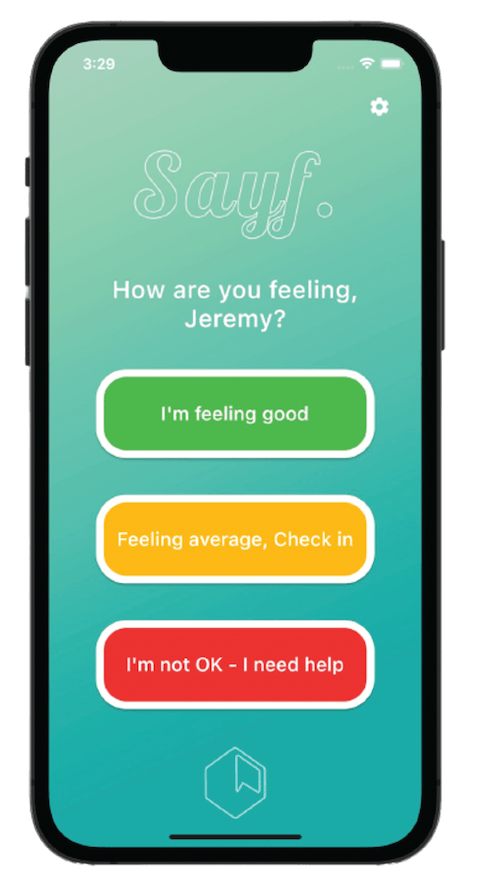 Sayf mobile app interface showing check-in and crisis support features